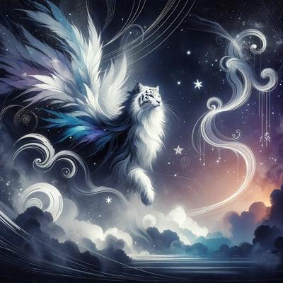 The primary subject of the image is a white and black cat with a long tail, flying through the sky. The cat is surrounded by a beautiful and colorful background, which includes a starry night sky, clouds, and a whimsical design. The visual style of the image is digital art, with the cat and its surroundings depicted in a vibrant and imaginative manner. The colors and mood of the image are lively and dreamy, with the white and black cat standing out against the vivid and